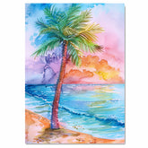 Tropical Palm Tree and Ocean Waves Watercolor Painting with Sunset Sky on Ready to Hang 1.5" Thick Canvas Wrap, Floating Framed Canvas, Flat Rolled Canvas